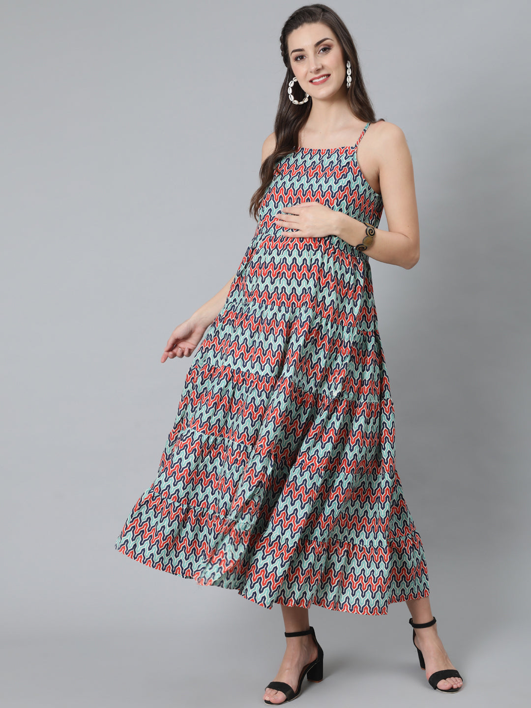 Women's Blue Printed Maxi Dress With Cape Top