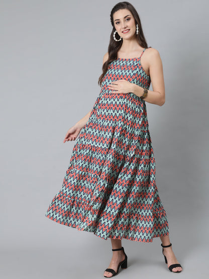 Women's Blue Printed Maxi Dress With Cape Top