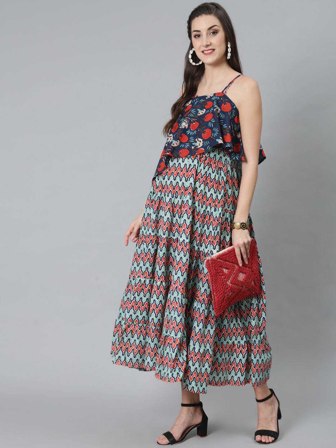 Women's Blue Printed Maxi Dress With Cape Top