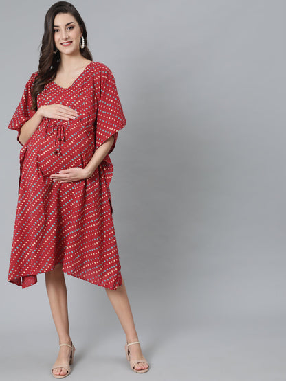 Women's Maroon Bandhani Print Maternity Kaftan Dress