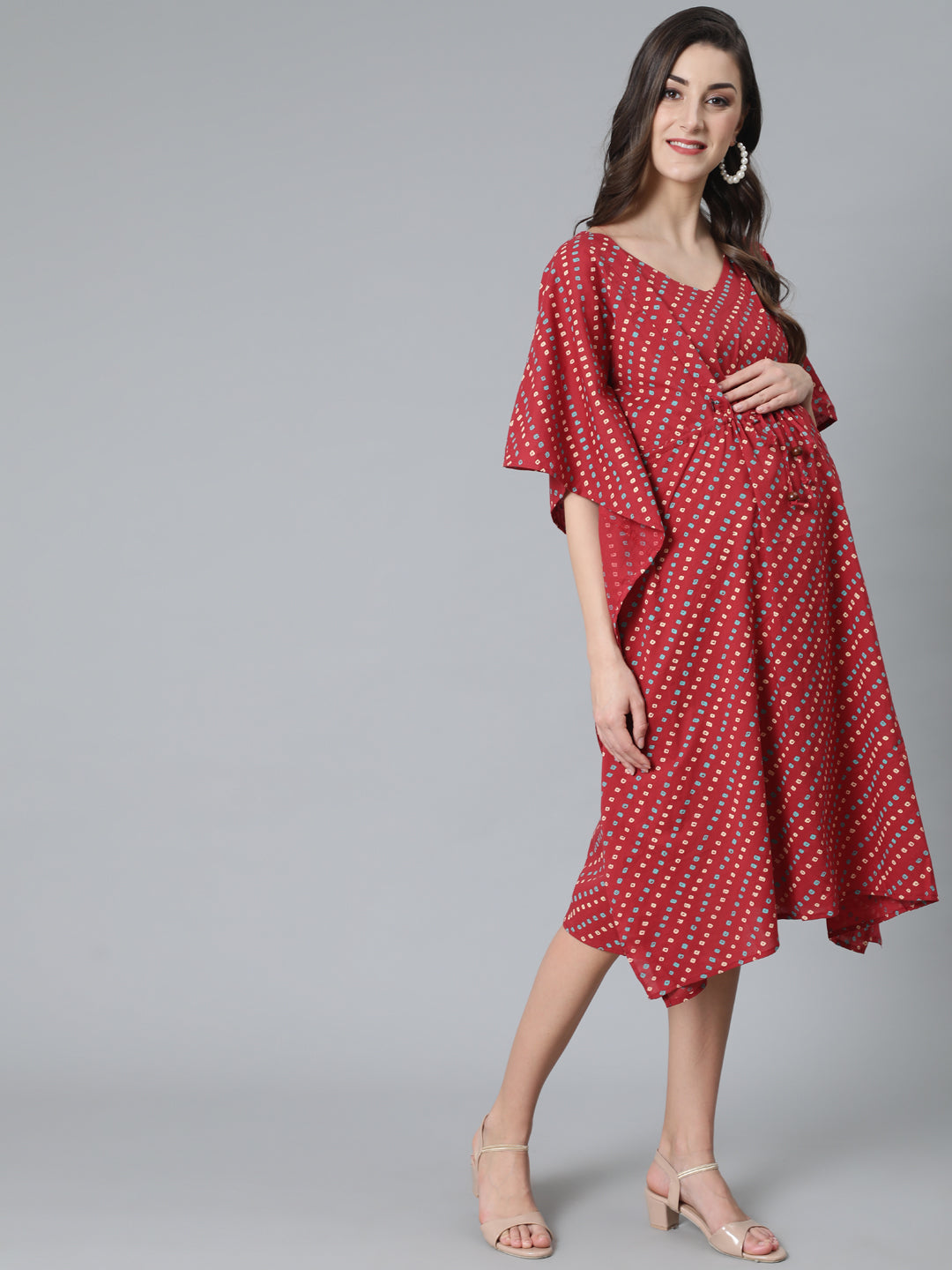 Women's Maroon Bandhani Print Maternity Kaftan Dress