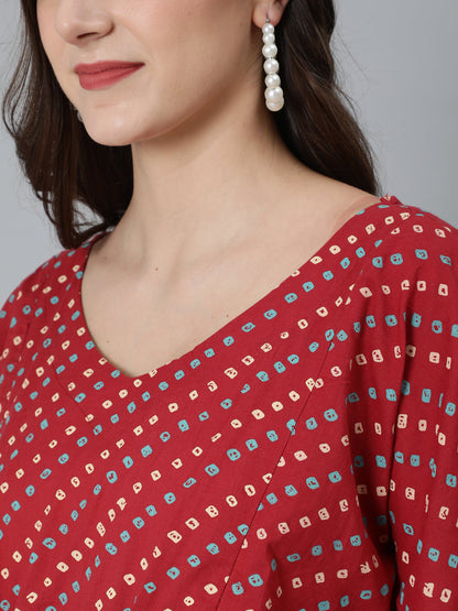 Women's Maroon Bandhani Print Maternity Kaftan Dress