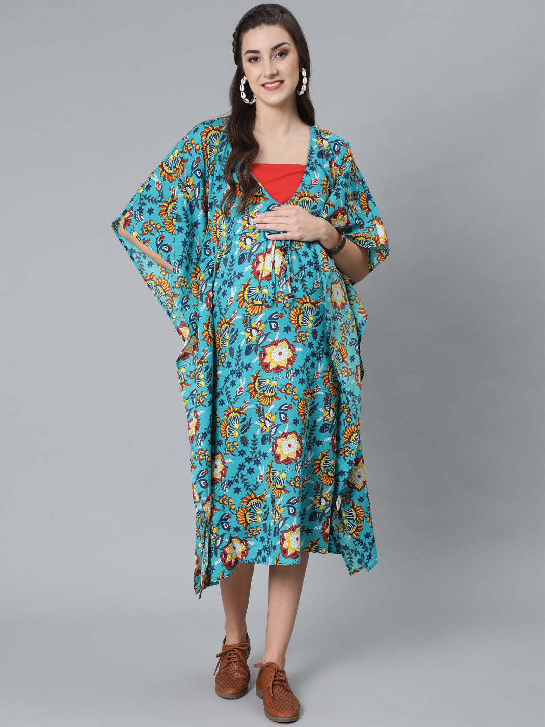 Women's Green Floral Print Kaftan Dress
