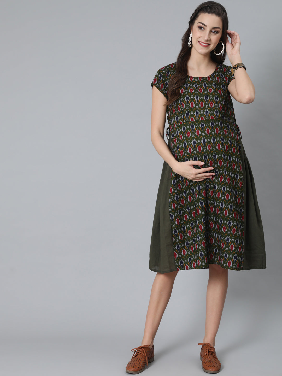 Women's Olive Patola Print Maternity A-Line Dress