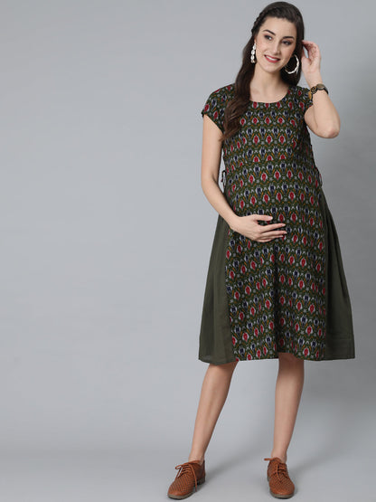 Women's Olive Patola Print Maternity A-Line Dress