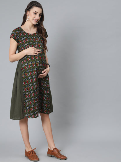 Women's Olive Patola Print Maternity A-Line Dress