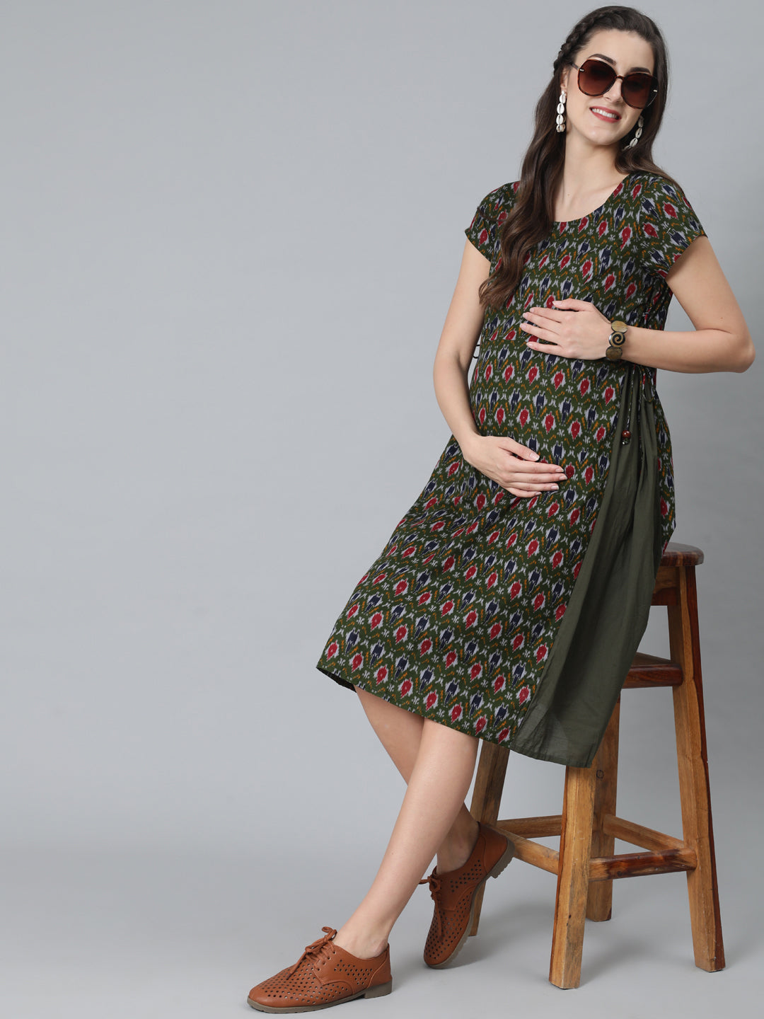 Women's Olive Patola Print Maternity A-Line Dress