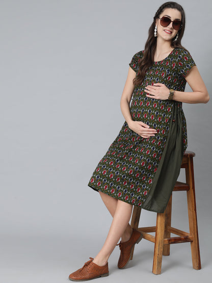 Women's Olive Patola Print Maternity A-Line Dress