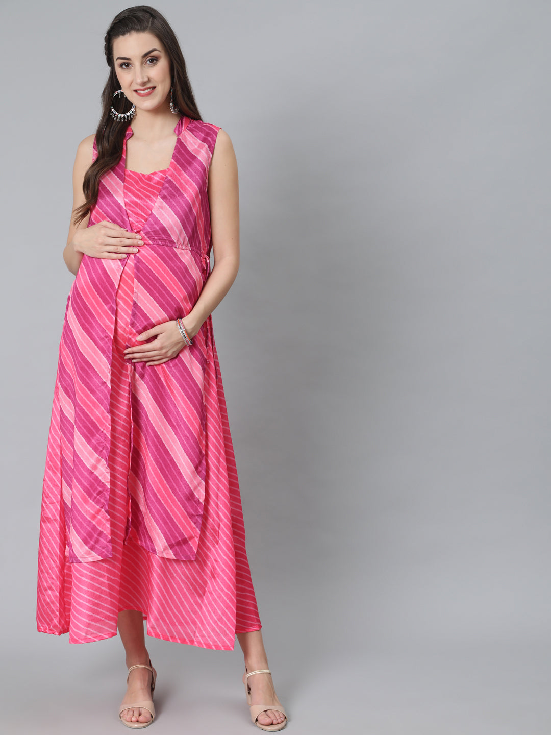 Women's Pink Leheriya Print Maxi Dress