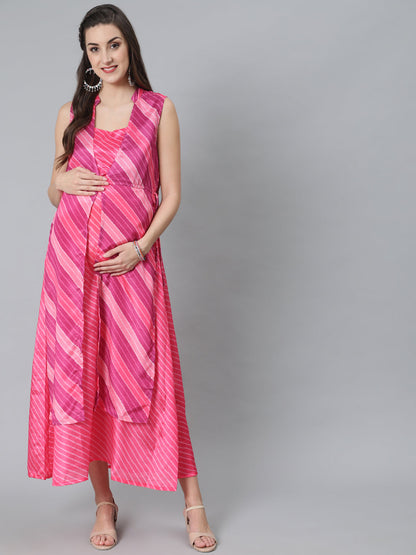 Women's Pink Leheriya Print Maxi Dress