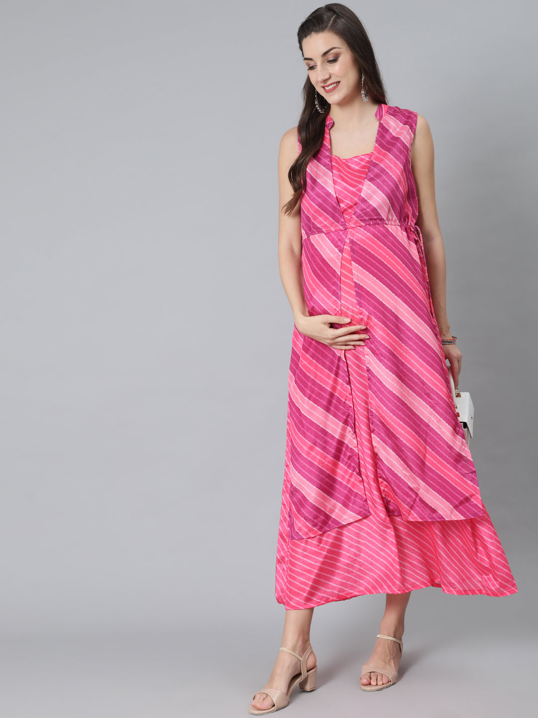 Women's Pink Leheriya Print Maxi Dress