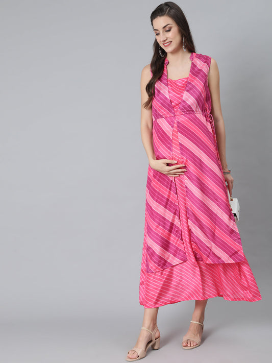Women's Pink Leheriya Print Maxi Dress