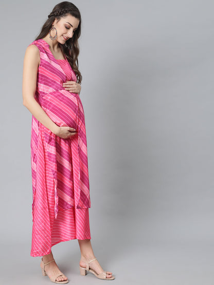Women's Pink Leheriya Print Maxi Dress