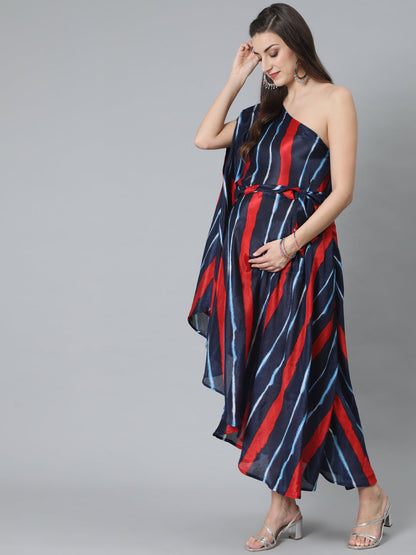 Women's Blue Leheriya Print One Shoulder Dress