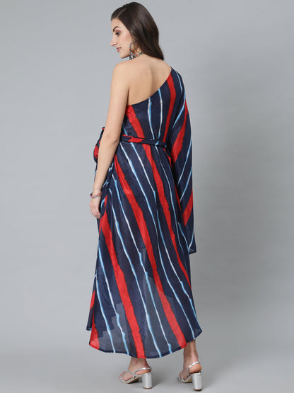 Women's Blue Leheriya Print One Shoulder Dress