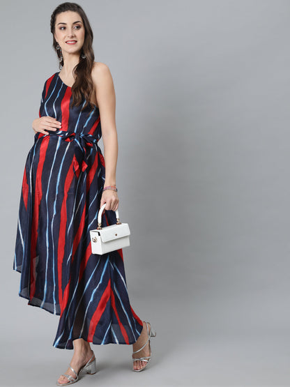 Women's Blue Leheriya Print One Shoulder Dress
