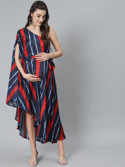 Women's Blue Leheriya Print One Shoulder Dress