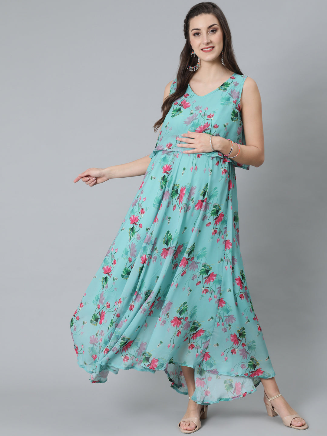 Women's Blue Floral Print Maxi Dress