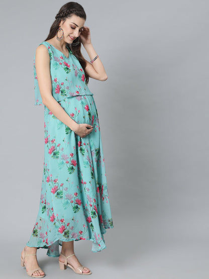 Women's Blue Floral Print Maxi Dress