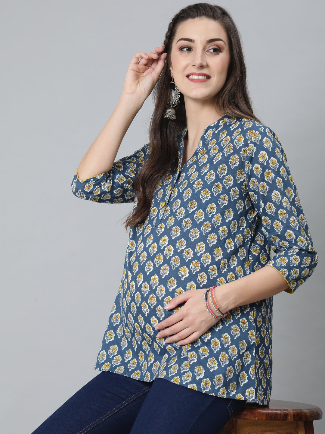 Women's Blue Floral Print Maternity Tunic