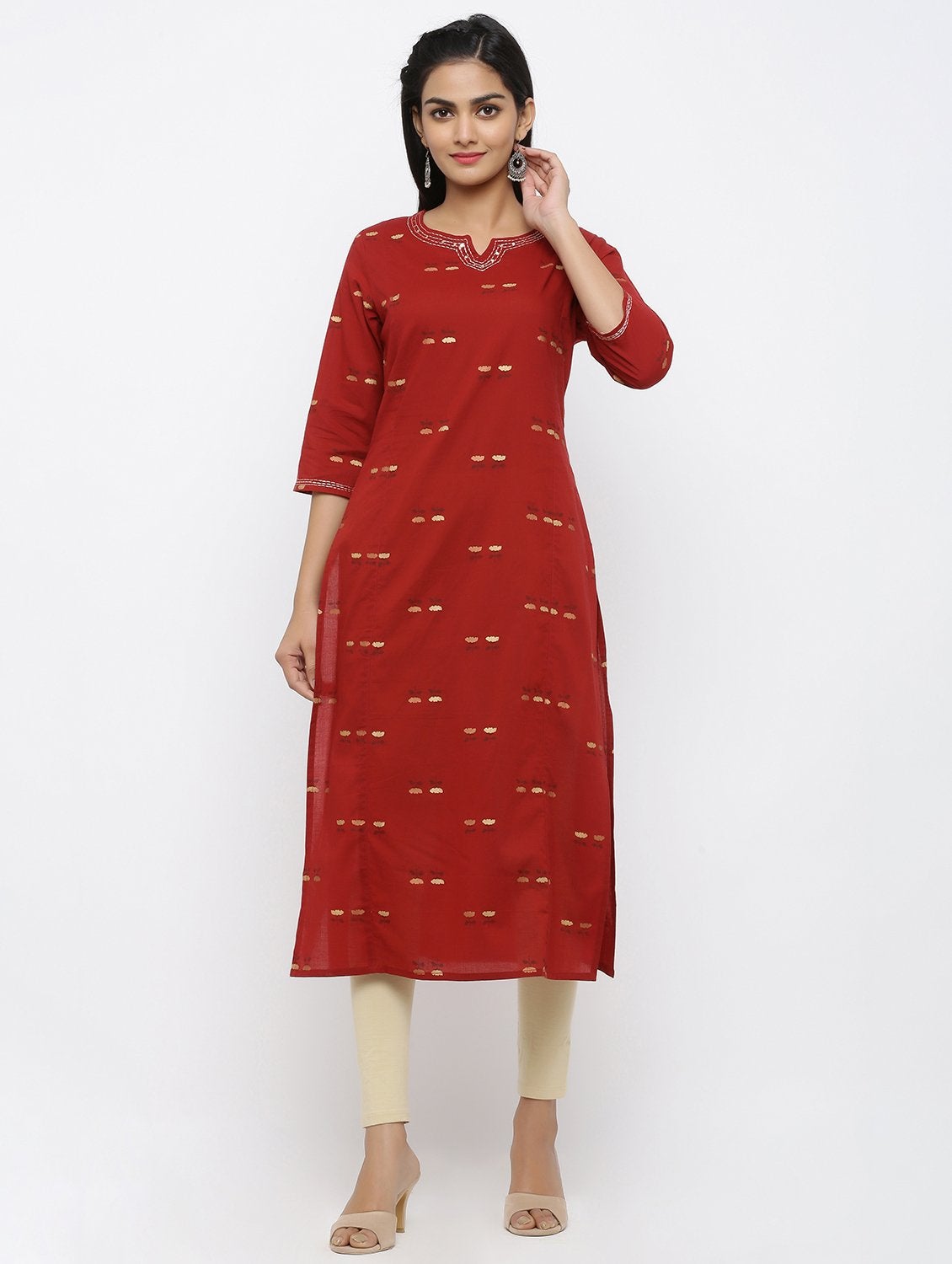 Women's Cotton Printed & Handwork Embroidered Straight Kurta