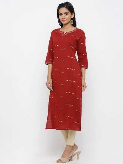 Women's Cotton Printed & Handwork Embroidered Straight Kurta