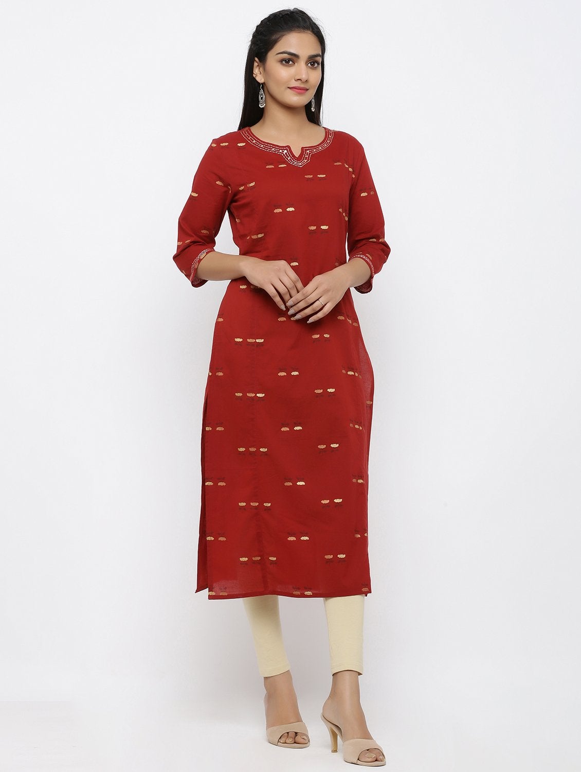 Women's Cotton Printed & Handwork Embroidered Straight Kurta