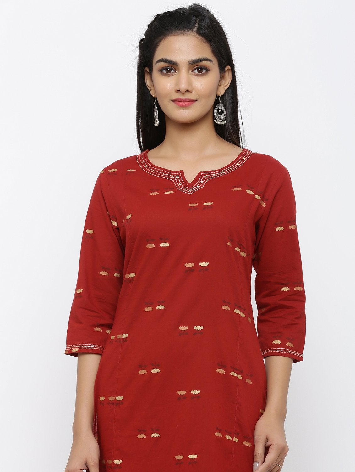 Women's Cotton Printed & Handwork Embroidered Straight Kurta