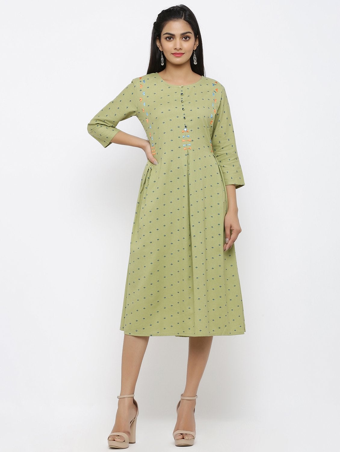 Women's Cotton Printed & Embroidered Flared Kurta