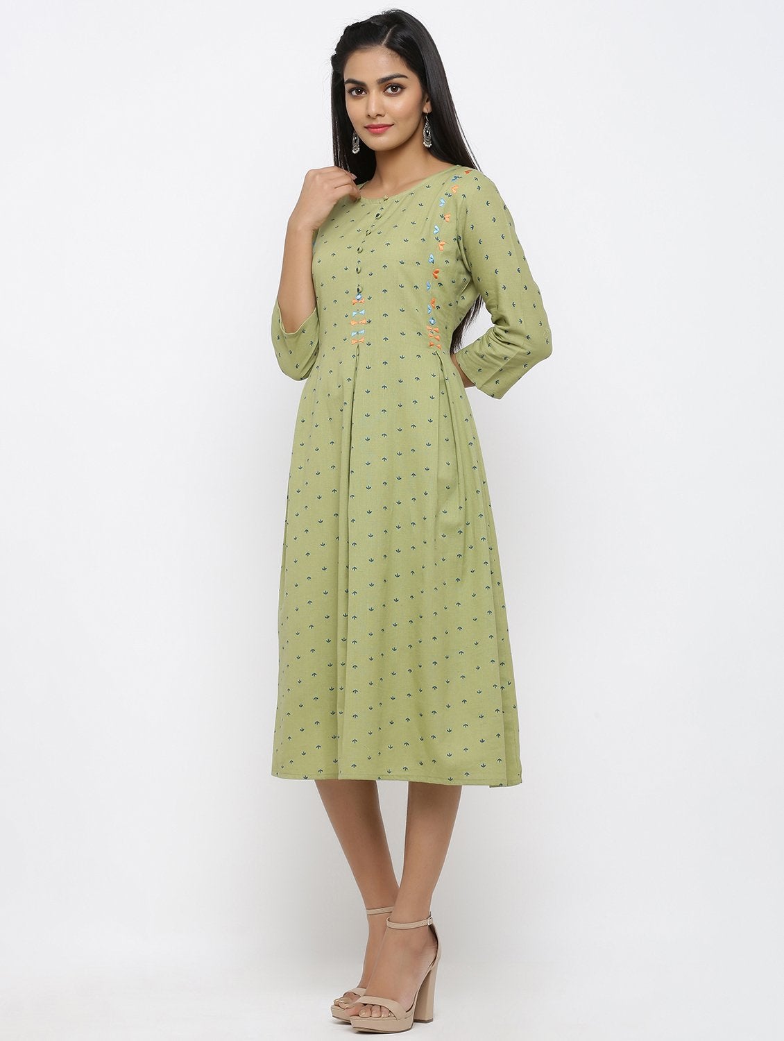 Women's Cotton Printed & Embroidered Flared Kurta