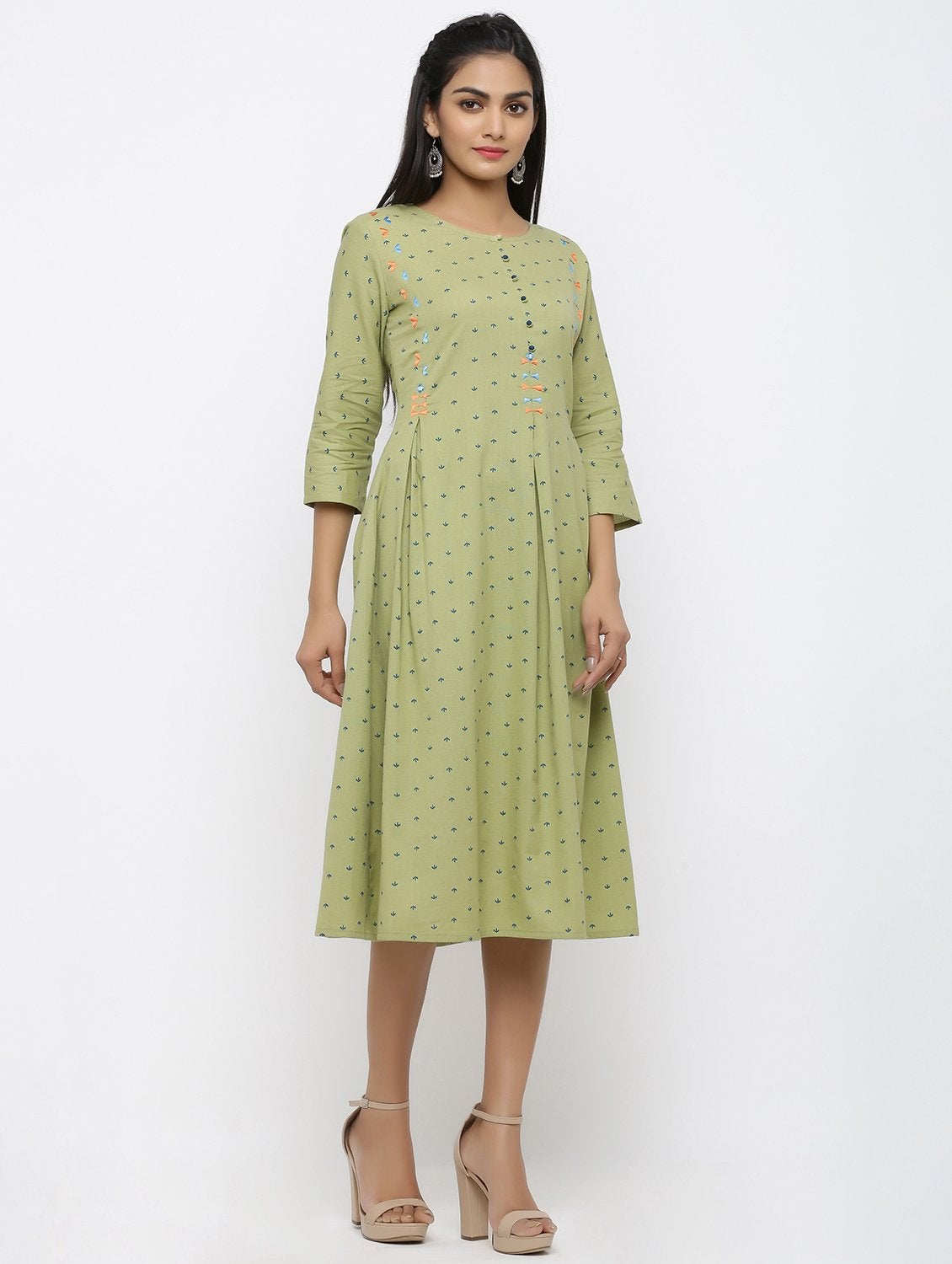 Women's Cotton Printed & Embroidered Flared Kurta