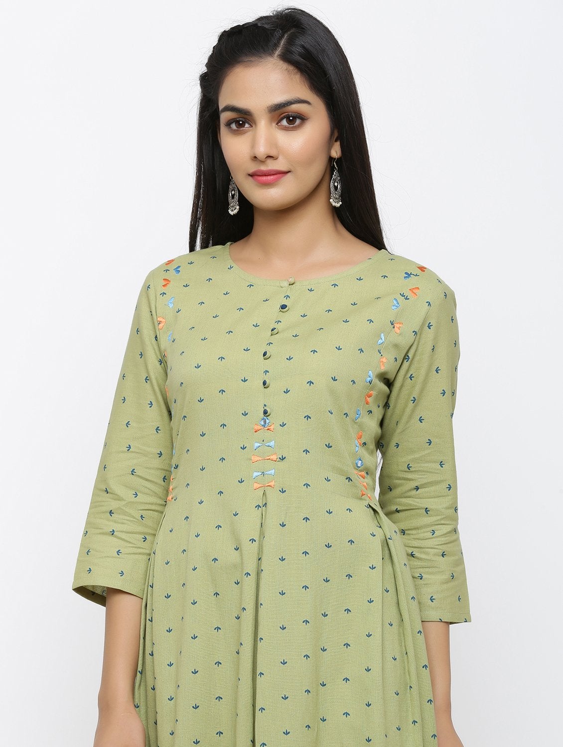 Women's Cotton Printed & Embroidered Flared Kurta