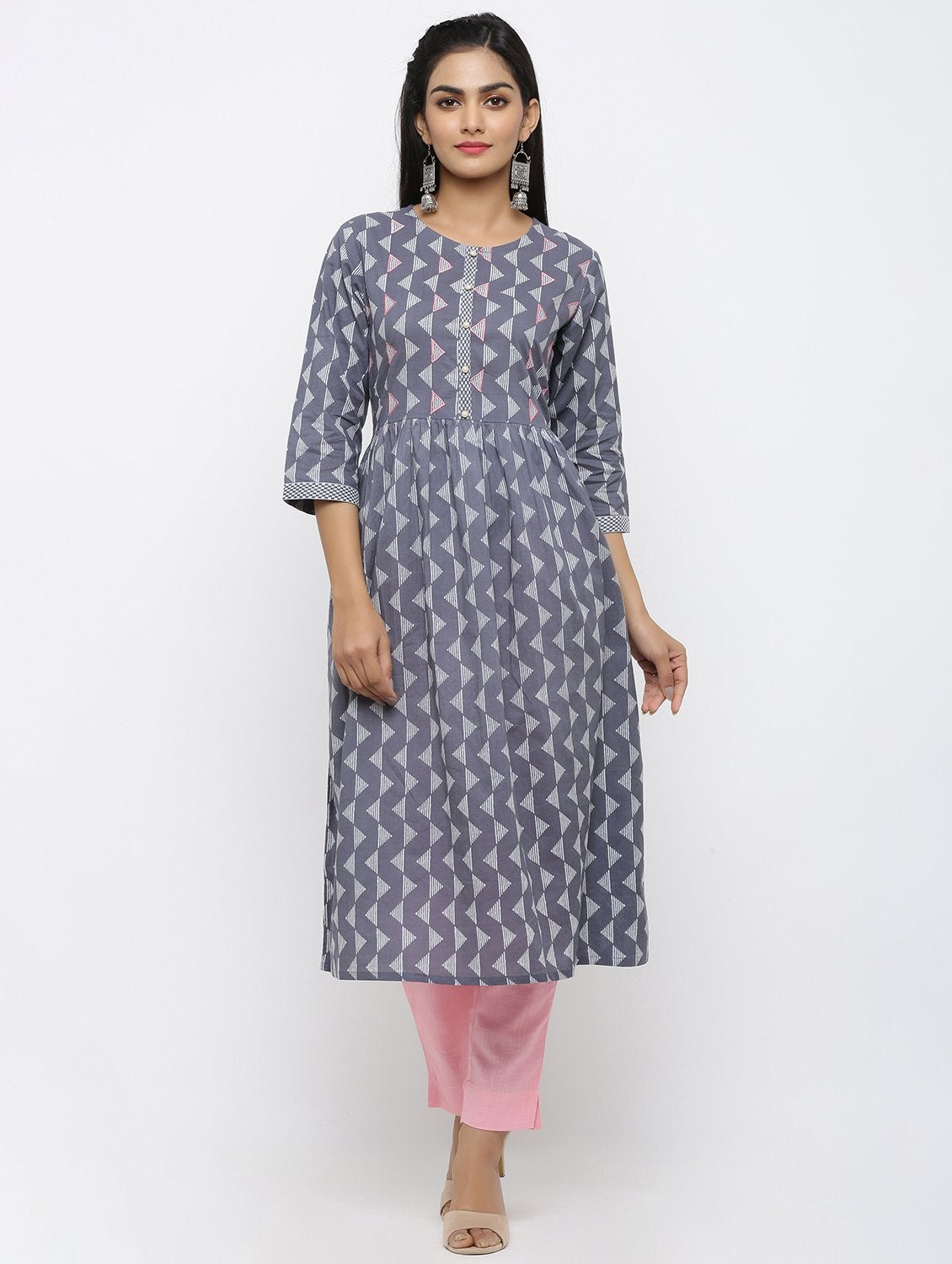 Women's Cotton Printed & Embroidered Flared Kurta