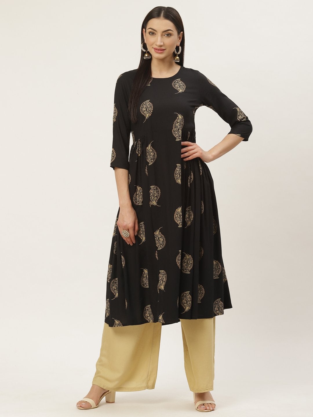 Women's Rayon Discharge Gold Printed Anarkali Kurta