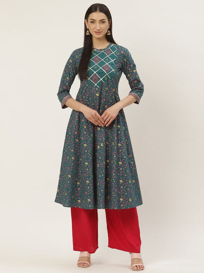 Women's Cotton Floral Printed & Gota Work Anarkali Kurta