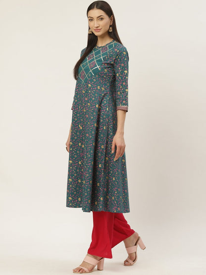 Women's Cotton Floral Printed & Gota Work Anarkali Kurta