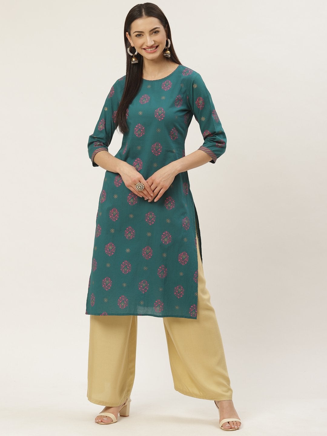 Women's Cotton Floral Printed & Gota Work Straight Kurta