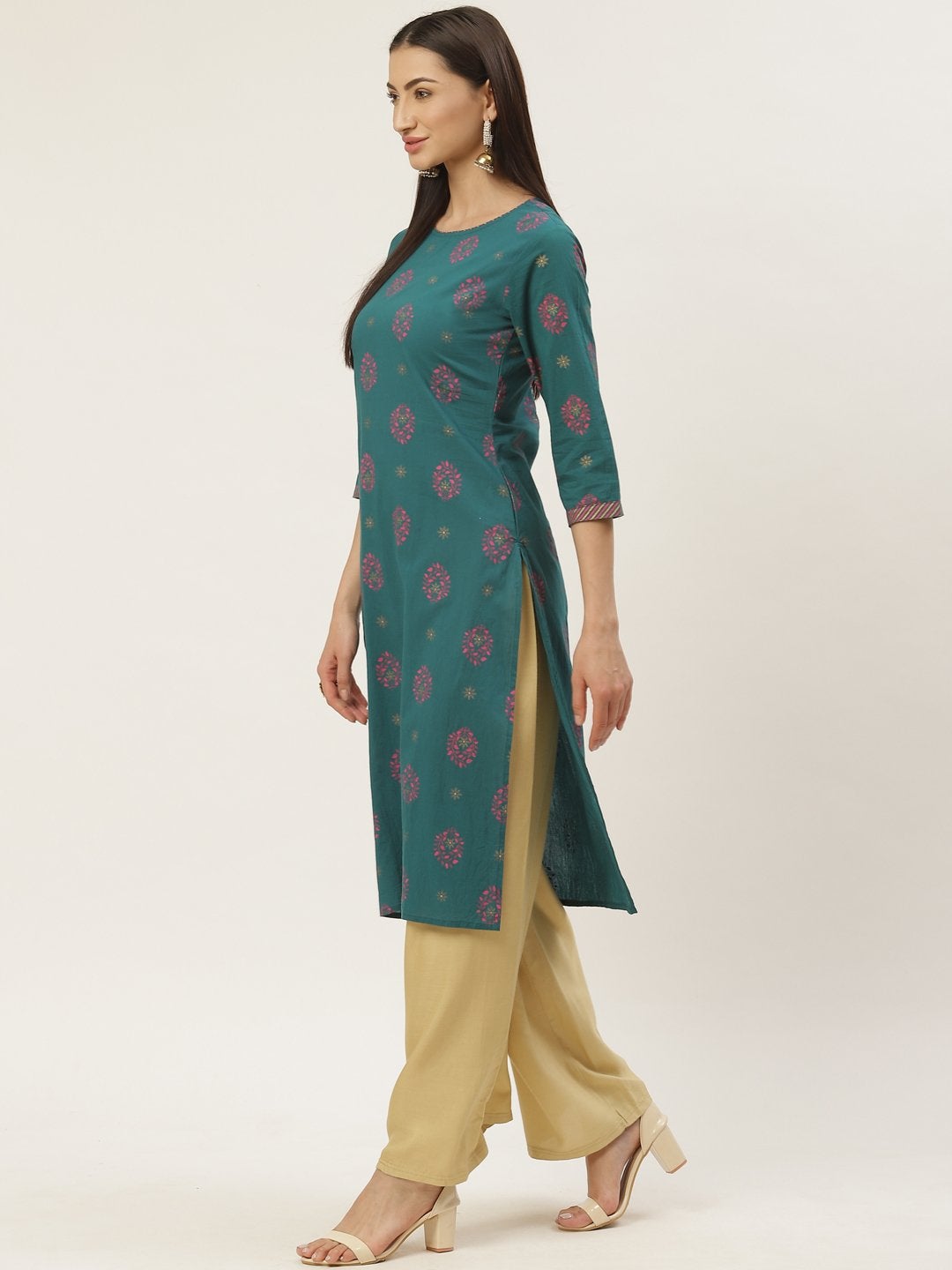 Women's Cotton Floral Printed & Gota Work Straight Kurta