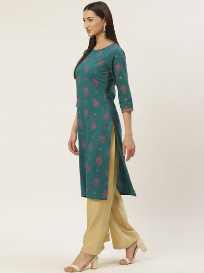 Women's Cotton Floral Printed & Gota Work Straight Kurta