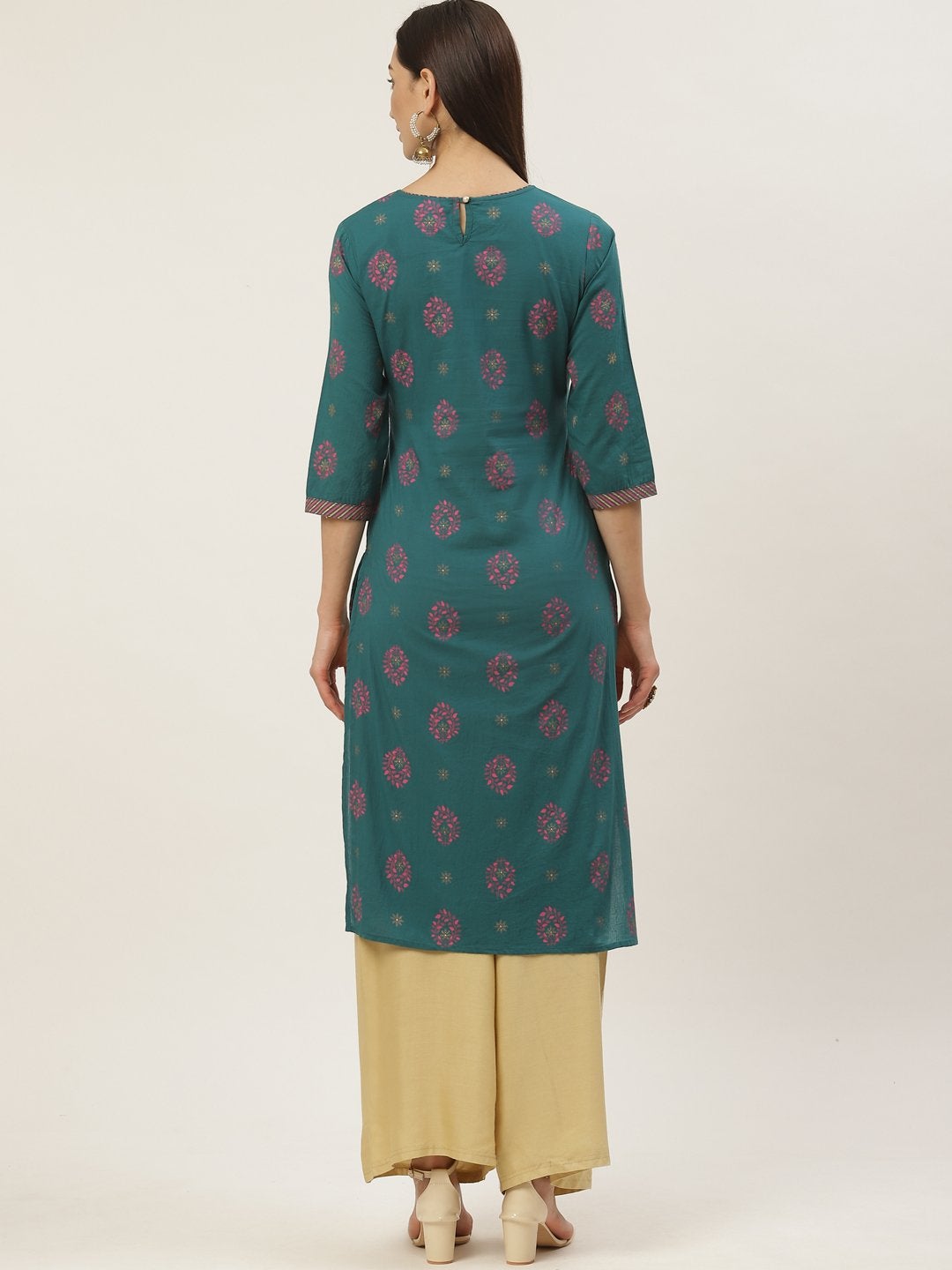 Women's Cotton Floral Printed & Gota Work Straight Kurta
