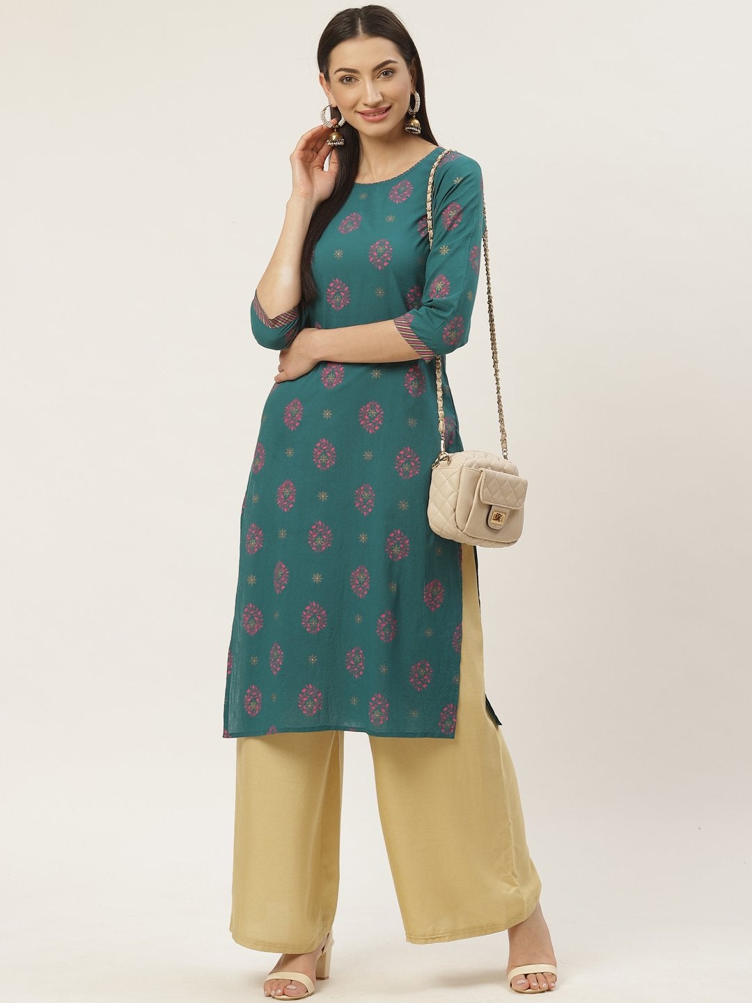 Women's Cotton Floral Printed & Gota Work Straight Kurta