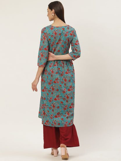 Women's Cotton Floral Printed & Gota Work Anarkali Kurta