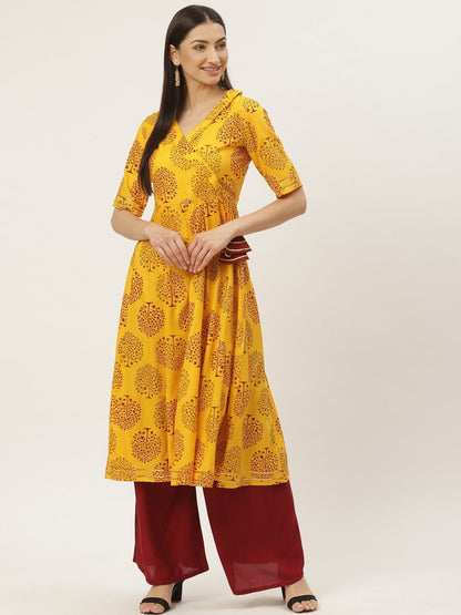 Women's Rayon Floral Printed & Gota Work Angrakha Kurta