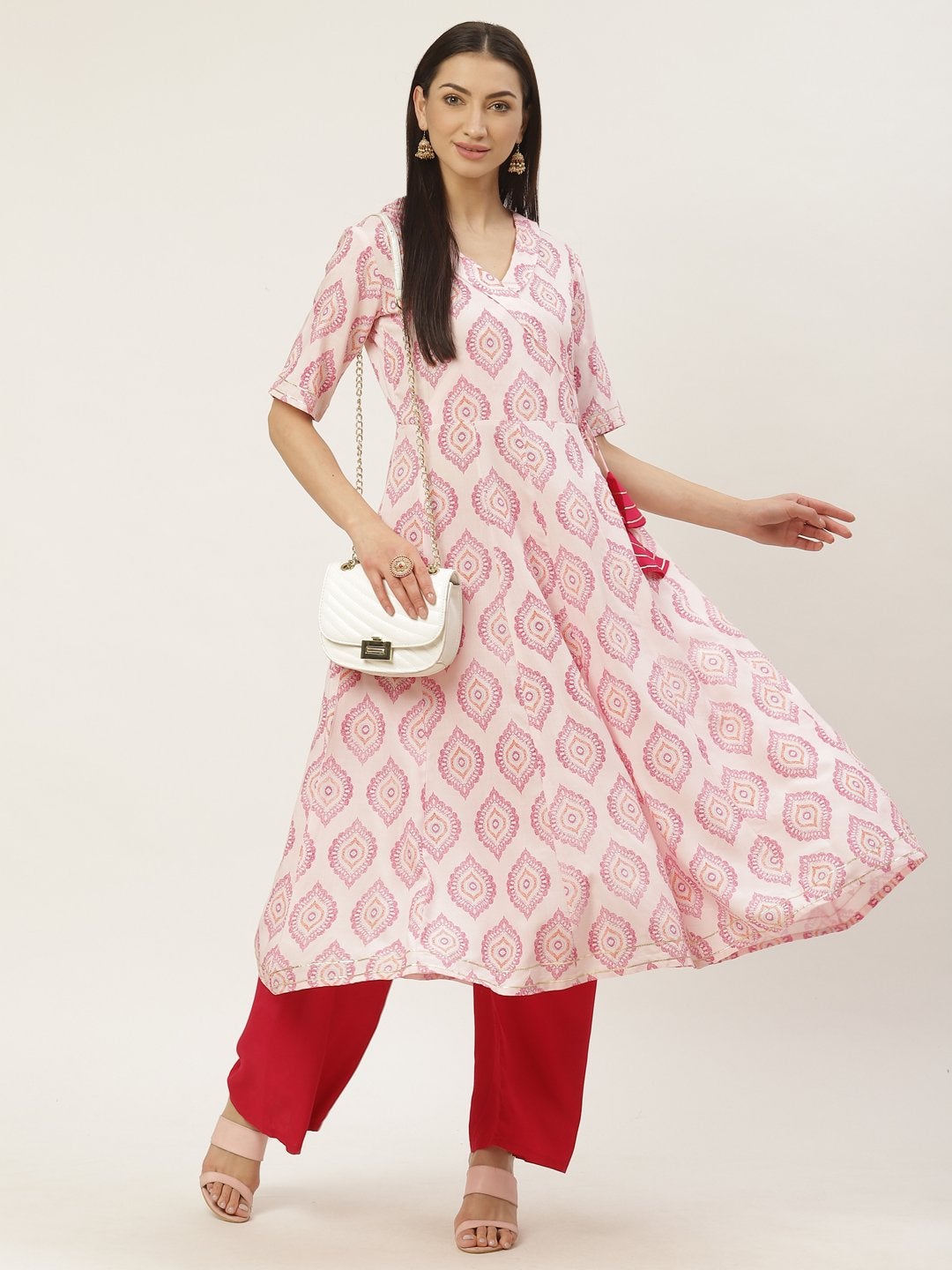 Women's Rayon Printed & Gota Work Angrakha Kurta