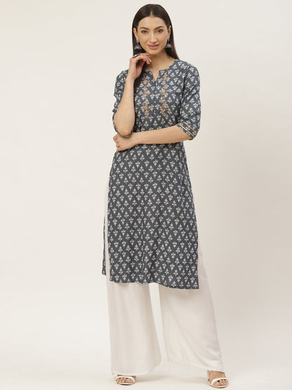 Women's Rayon Printed with Embroidered Straight Kurta