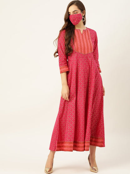 Women's Pink Cotton Gold Printed Anarkali