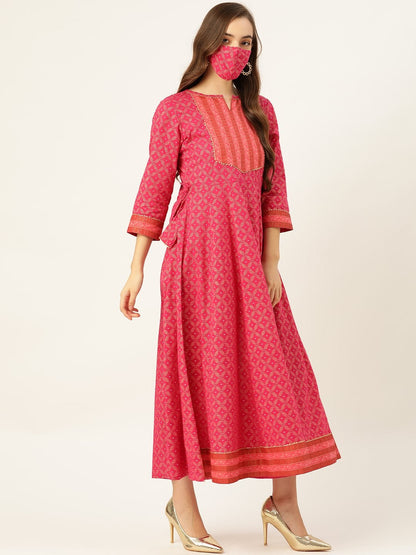 Women's Pink Cotton Gold Printed Anarkali