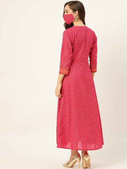 Women's Pink Cotton Gold Printed Anarkali