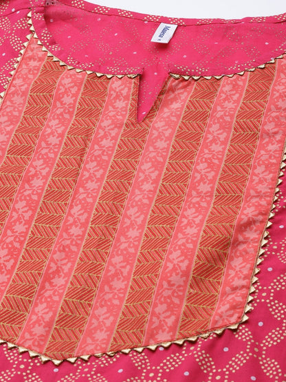 Women's Pink Cotton Gold Printed Anarkali