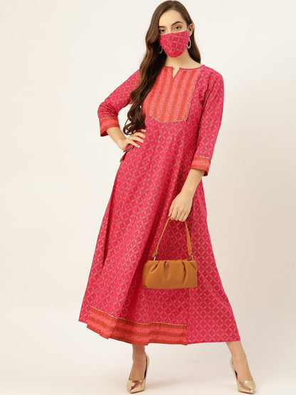Women's Pink Cotton Gold Printed Anarkali